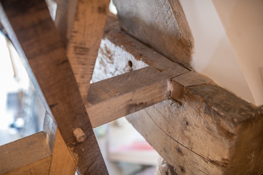 Wooden beams at The Tithe Barn, Stanley Downton